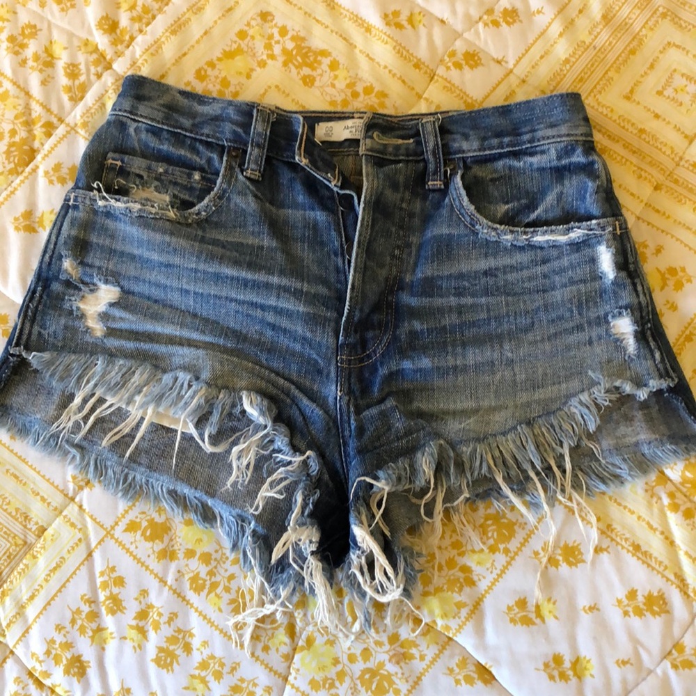 A&F distressed high waisted festival shorts.